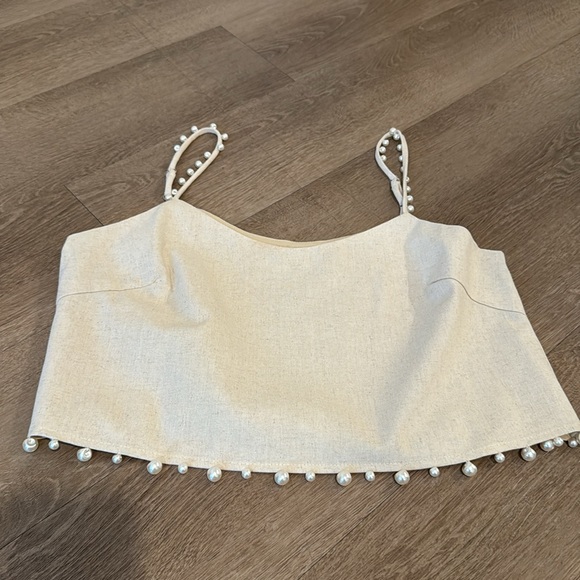 Pearl Details Cropped Top Beige Linen Straps Medium - Picture 4 of 10